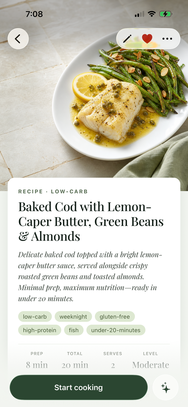 The Meal Whisperer app showing a recipe for baked cod with lemon-caper butter, green beans and almonds. Tagged low-carb, weeknight and gluten-free, ready in 20 minutes, with a Start cooking button.